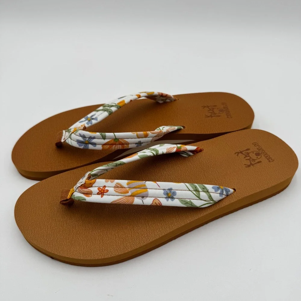KuaiLu Flip Flops Yoga Mat Comfort Floral Sandals Womens Tan Arc Support Beach